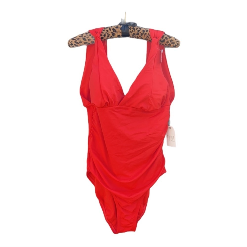 TIME AND TRU Red Ruched One Piece Swimsuit L NWT